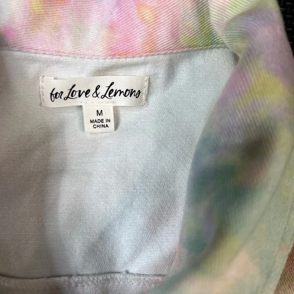 For Love &‎ Lemons Tie Dye Cropped Denim Jacket Frayed Hem Pastel Med Boho - Picture 5 of 10